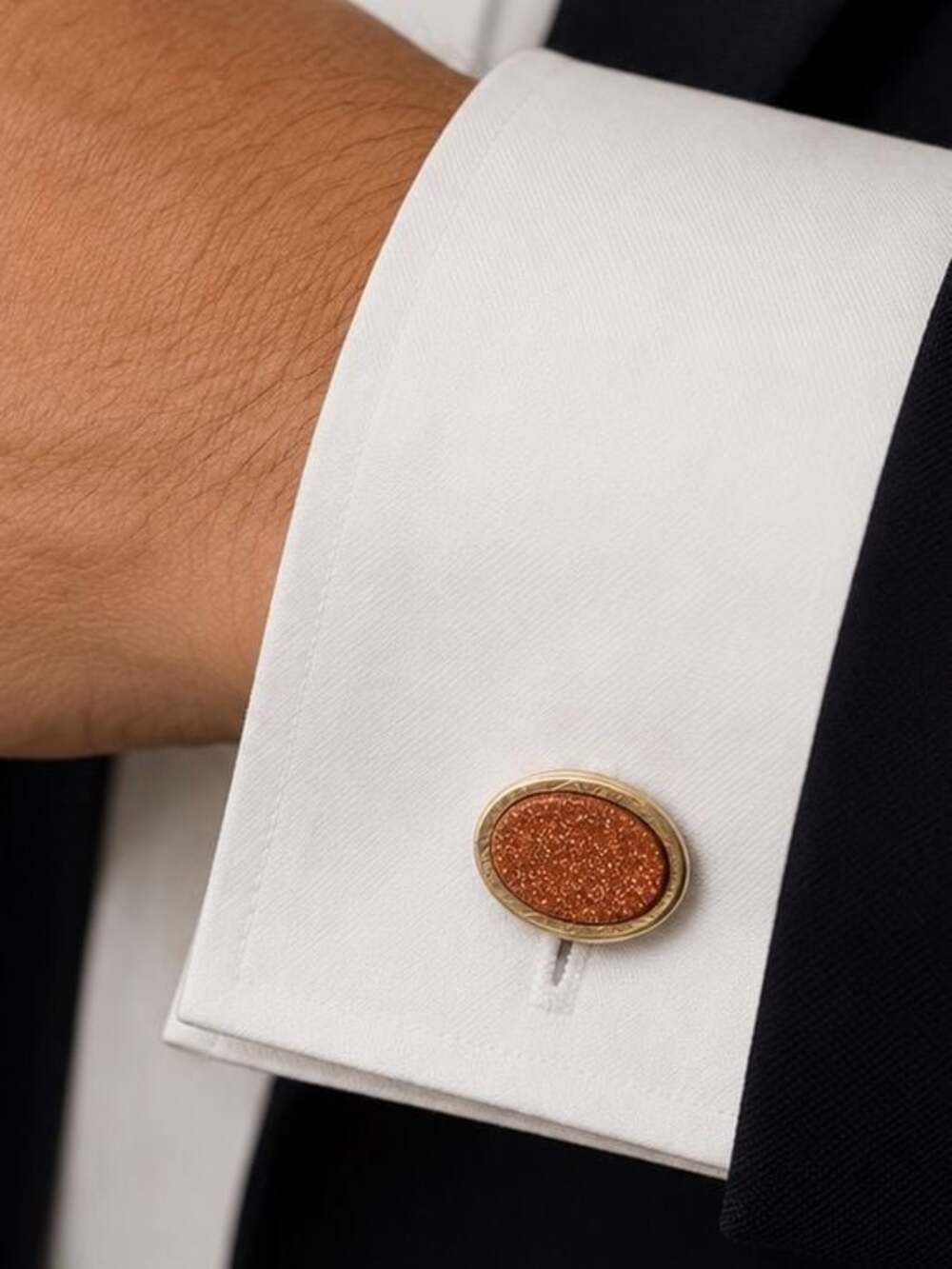 Vintage Gold Tone Goldstone Oval Cufflinks | Sparkly Brown Cabochon Men’s Formal